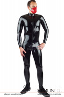 Preview: A man wears a shiny skintight latex suit in black with zip in front