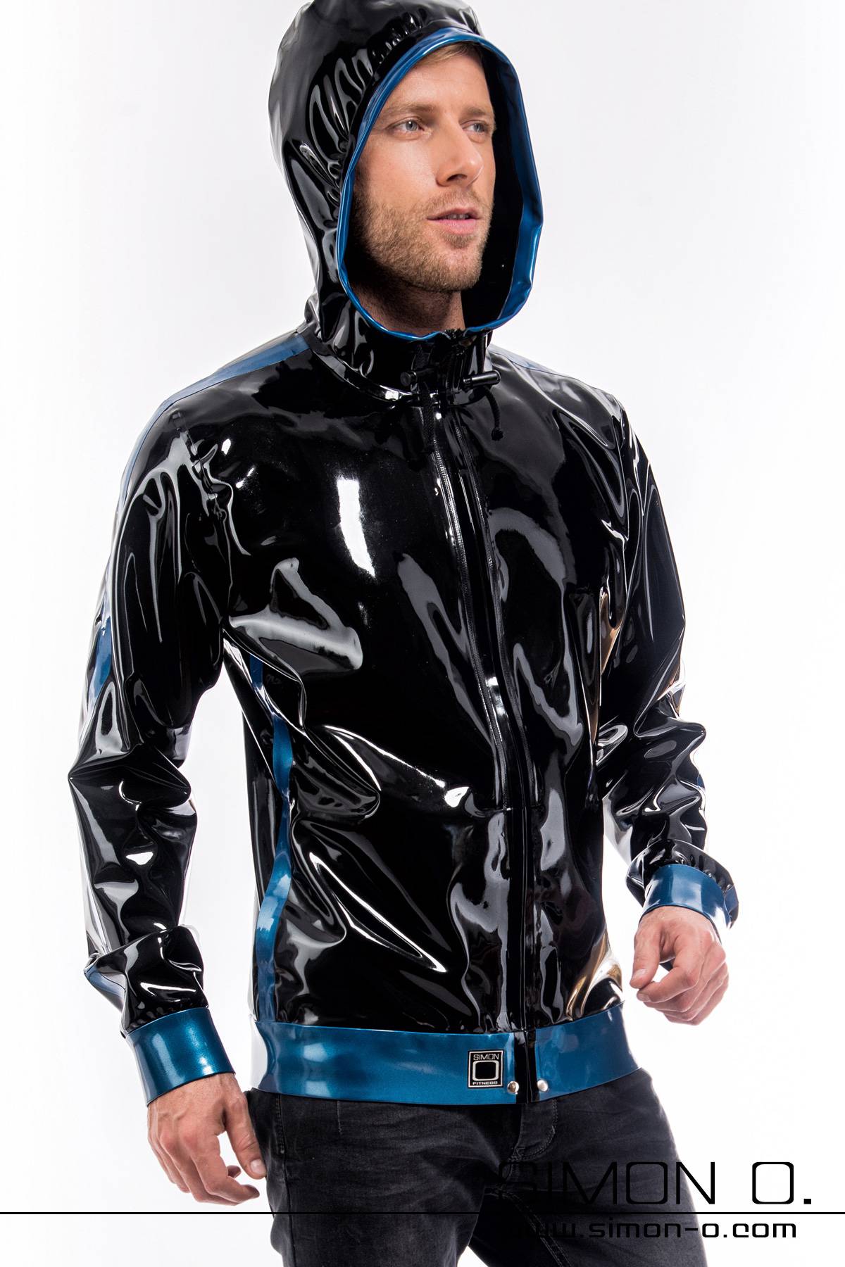 Latex jacket with pockets and hood in black with blue seen from behind