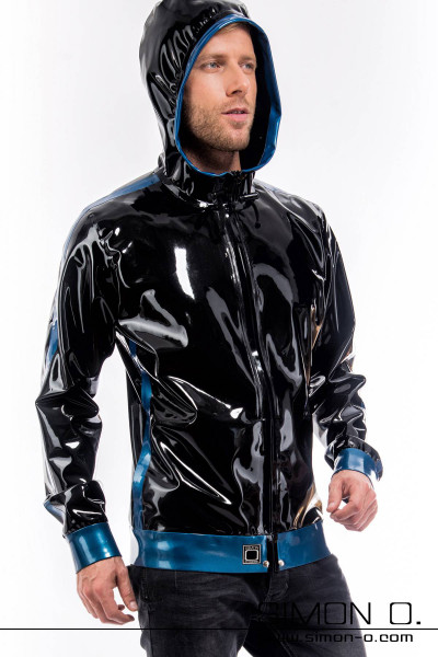 Shiny latex jacket for men with pockets and hood in black combined with blue