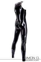 Preview: A skintight shiny latex suit in black with round neckline from behind