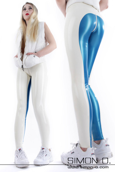 Shiny breeches made of latex with crotch zipper in white with blue illustrated