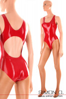 Preview: Red wetlook latex swimsuit with sexy back neckline