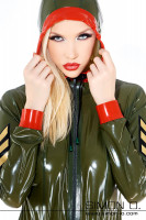 Preview: Military Latex Catsuit with Hood in Olive Green with Red 