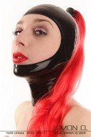 Preview: Face open latex hood in black with red hairpiece