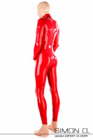 Preview: A man wearing a red skintight latex suit with mask socks and gloves made of skin coloured latex seen from behind