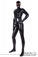 Preview: Skin tight shiny latex full body suit in black with condom for men with mask socks and gloves seen from the front