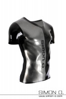 Preview: Short-sleeved latex shirt two-tone in the colours metallic grey and black with V-neck and Simon O. Logo