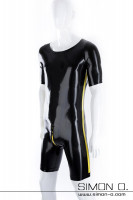 Vorschau: Schwarzer Latex Bodysuit mit kurzen Armen und gelben Zipp und gelben seitlichen Streifen