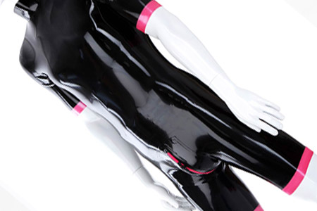 Black latex surf suit with cuffs on legs and arms in a contrasting color
