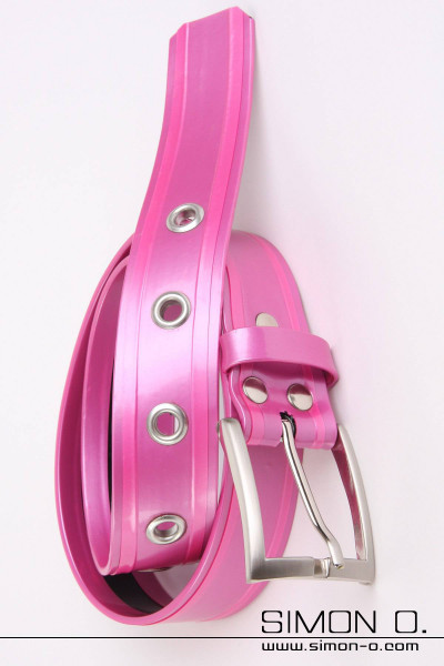A latex belt in pink with silver buckle