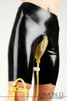 Preview: Latex trousers in black with reservoir in transparent for urine - a tube is connected to the bag which leads to a collection bag.