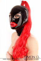 Preview: A latex girl wears a shiny latex hood in black with red mouth and ponytail in red