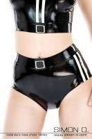 Preview: Sporty shiny shorts in black latex with white stripes on the sides