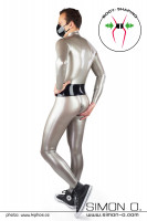Preview: A man wears a shiny latex catsuit in silver with an integrated wide corset belt in black - seen from behind