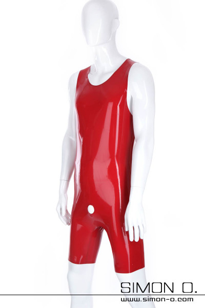 Red men's latex body without sleeves with round outlet for penis