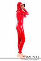 Preview: Wet shiny red latex catsuit with skin tight fit for men with hood