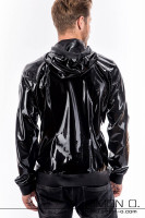 Preview: A blond man wears a latex jacket with hood and in black, seen from behind.