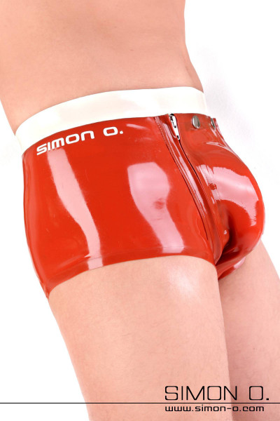 A man wears a latex underpants with removable codpiece in red with white contrasting color