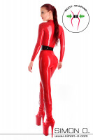 Preview: Skin tight red latex catsuit with zipper in the crotch and black bodice seen from behind