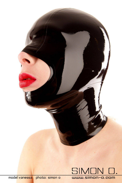 A black shiny latex hood with closed eyes and large opening for the mouth.